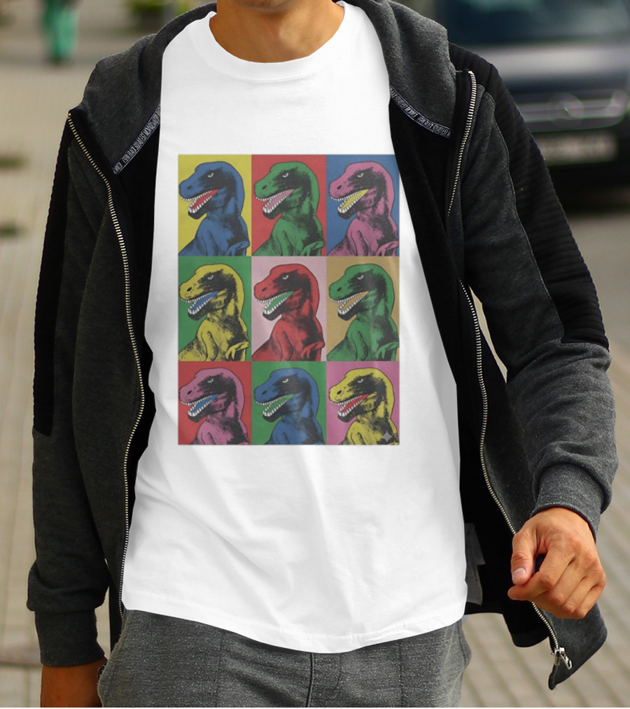 T Rex Pop Dinosaur Multi Colored Grid Prehistoric Reptile Andy Warhol T-Shirt