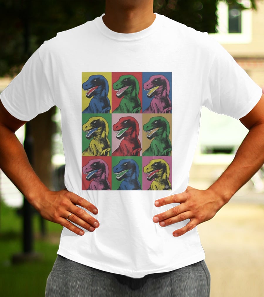 T Rex Pop Dinosaur Multi Colored Grid Prehistoric Reptile Andy Warhol T-Shirt