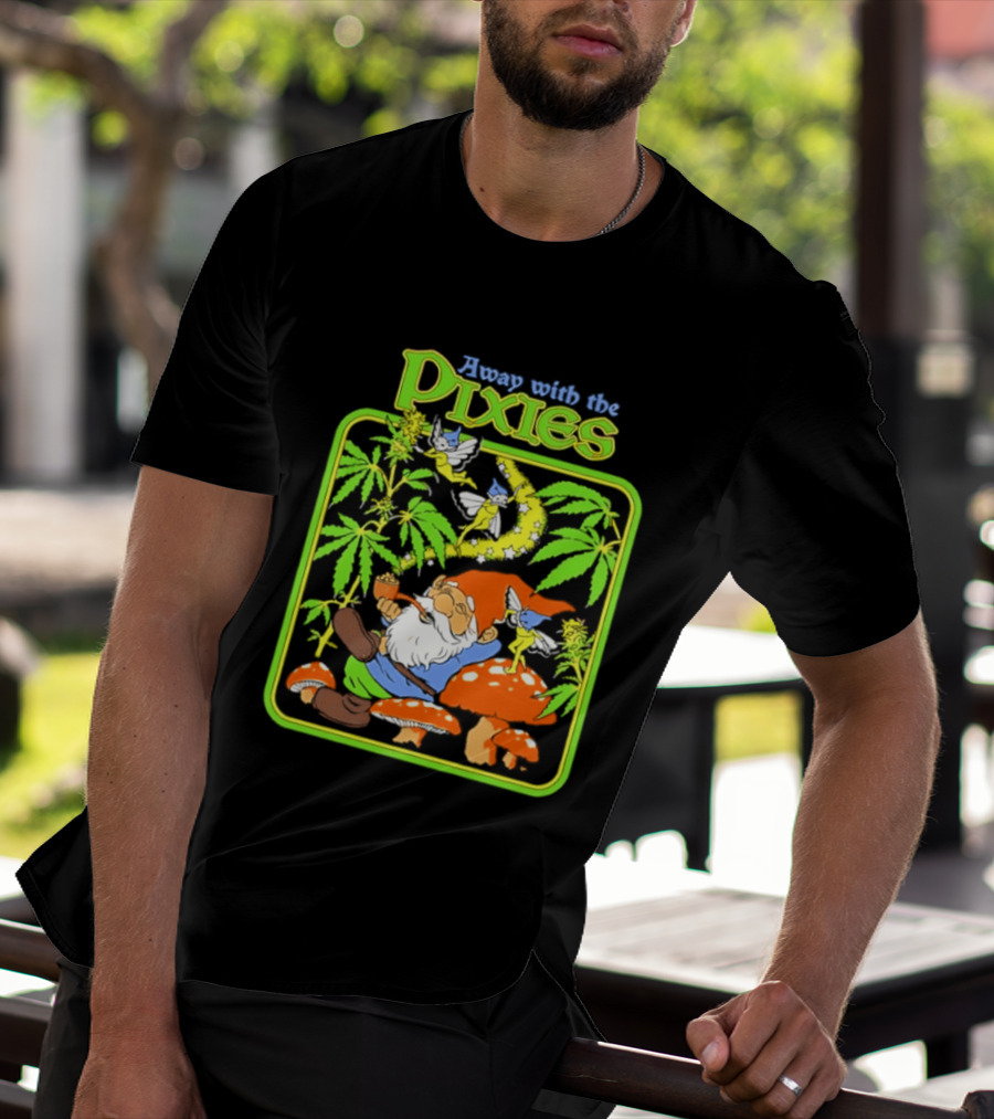 Away With The Pixies Gnome Smoking Cannabis Mushroom Fantasy Scene T-Shirt