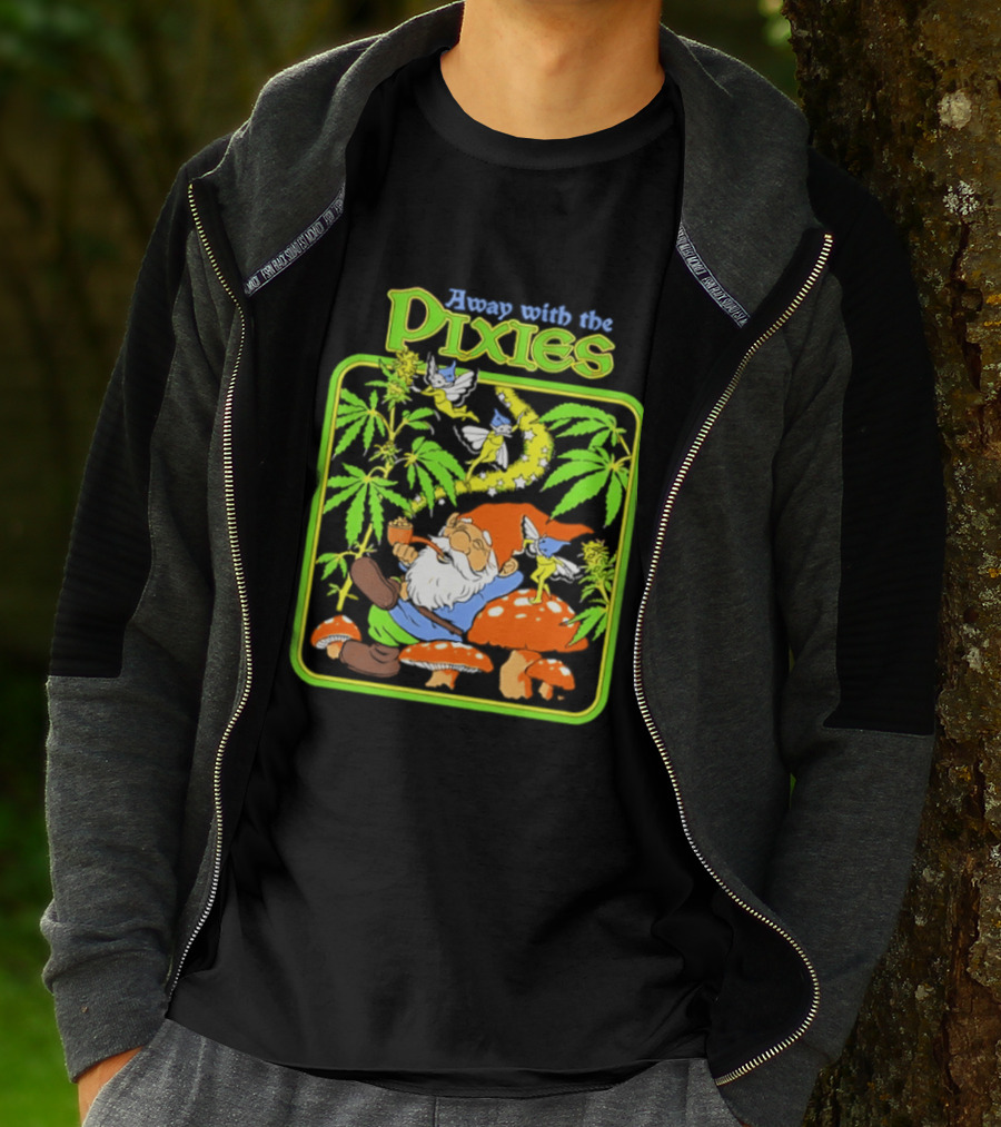 Away With The Pixies Gnome Smoking Cannabis Mushroom Fantasy Scene T-Shirt