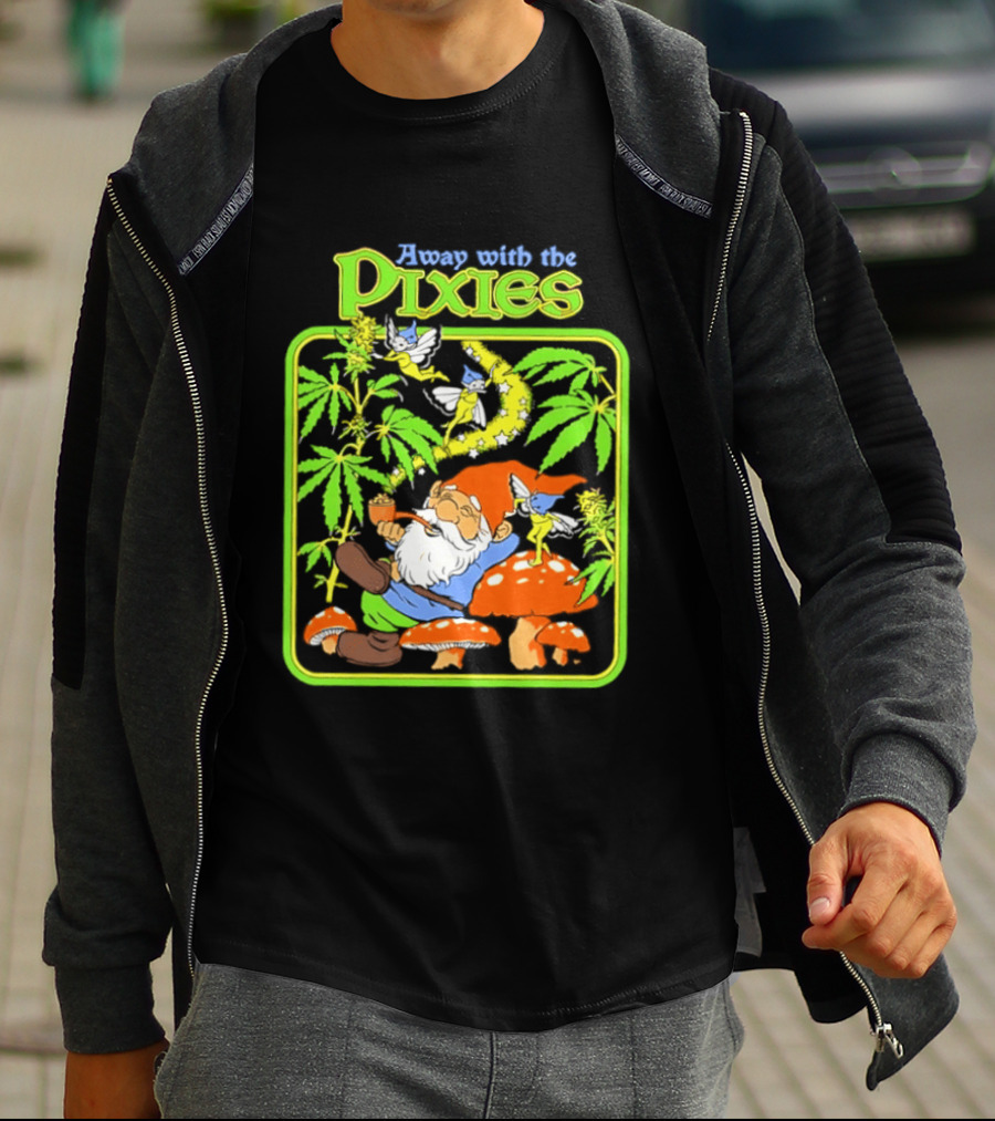 Away With The Pixies Gnome Smoking Cannabis Mushroom Fantasy Scene T-Shirt