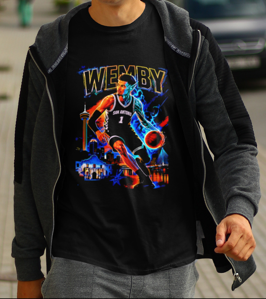 Wemby San Antonio Spurs Basketball Player Half Alien City Skyline T-Shirt