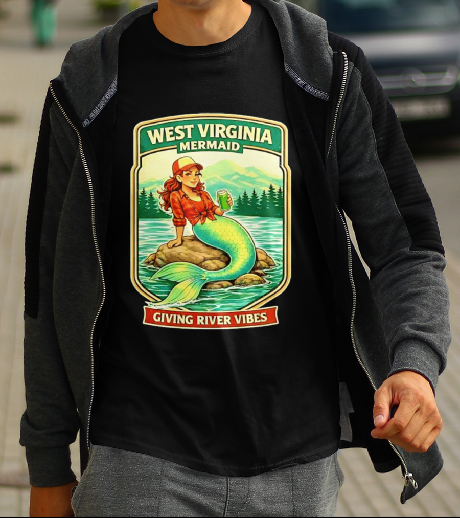West Virginia Mermaid Giving River Vibes Green Tail Red Hat T-Shirt