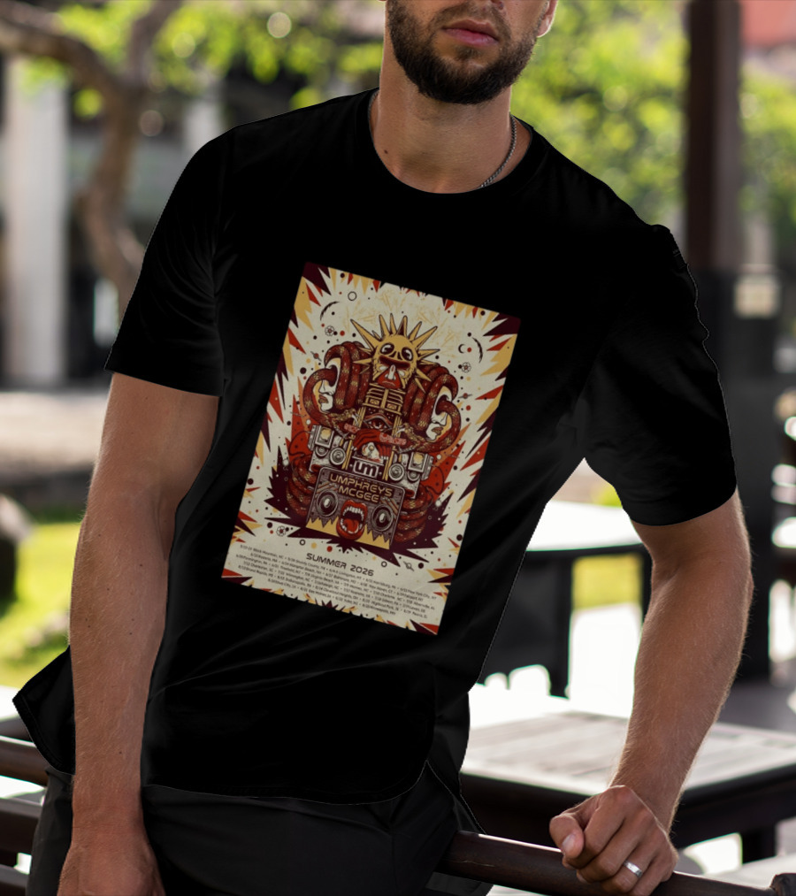 Umphrey's McGee Summer 2026 Tour Dates With Unique Symbolic Artwork And Sun Motif T-Shirt