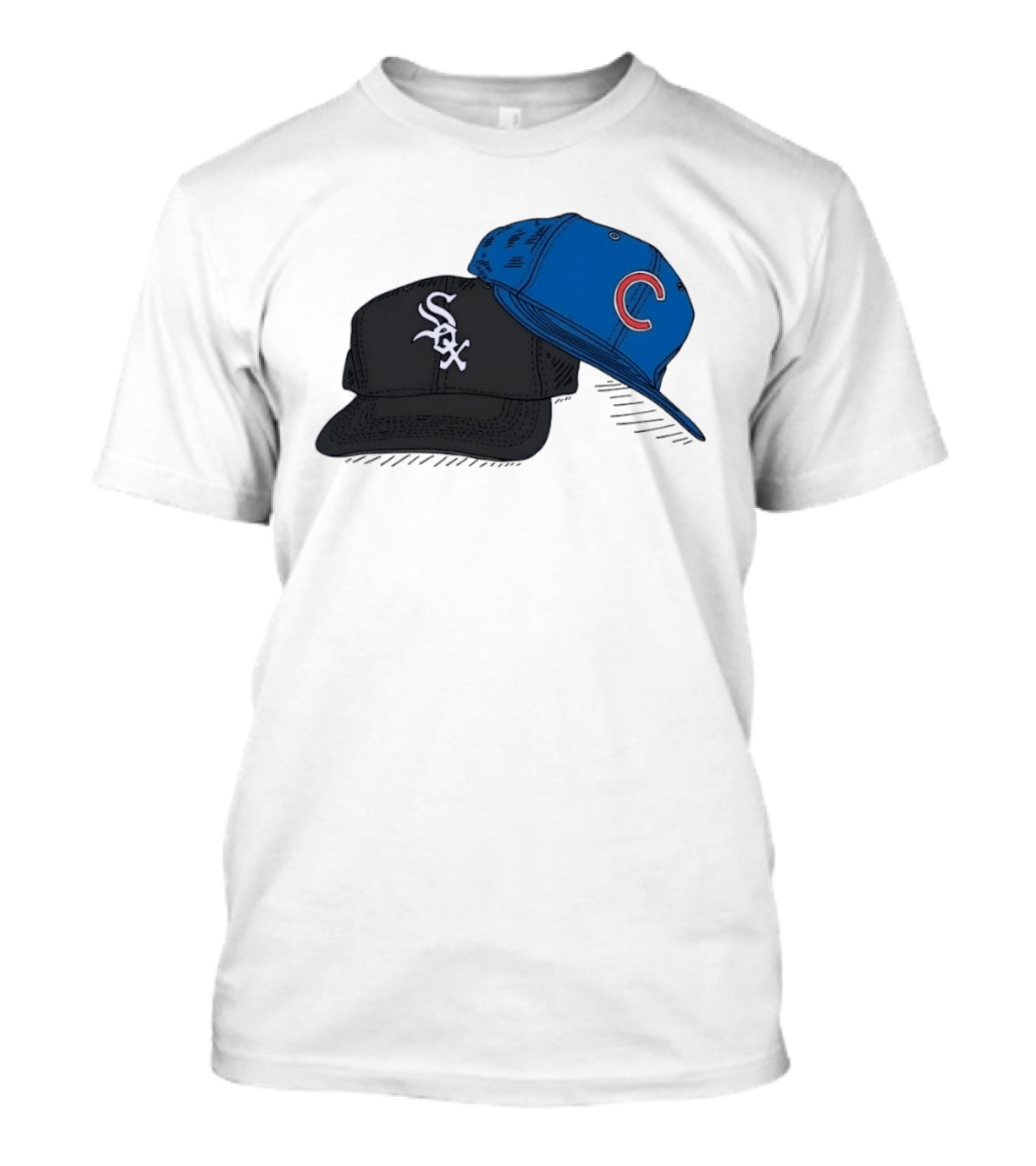 Chicago White Sox Black Hat And Chicago Cubs Blue Cap Baseball Fan Collection T-Shirt