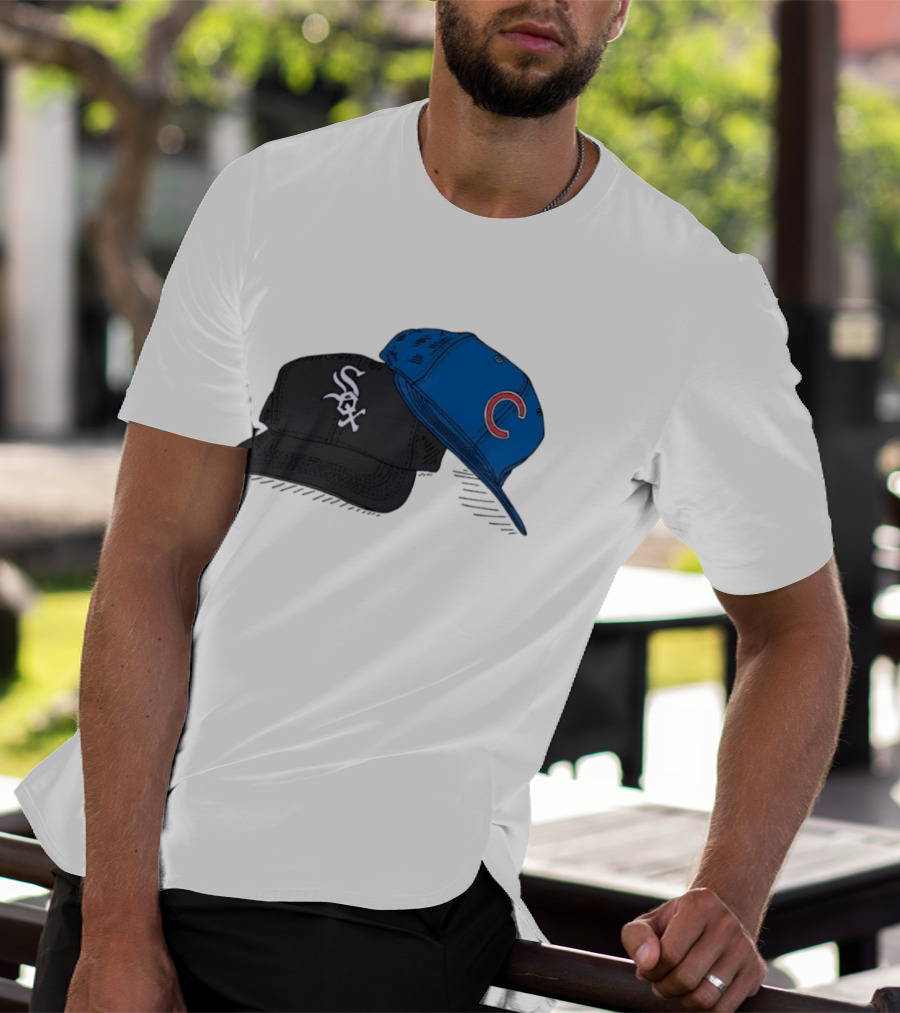Chicago White Sox Black Hat And Chicago Cubs Blue Cap Baseball Fan Collection T-Shirt