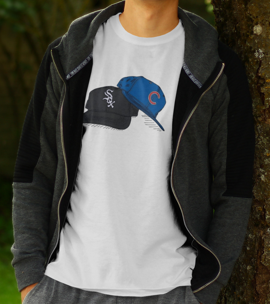 Chicago White Sox Black Hat And Chicago Cubs Blue Cap Baseball Fan Collection T-Shirt