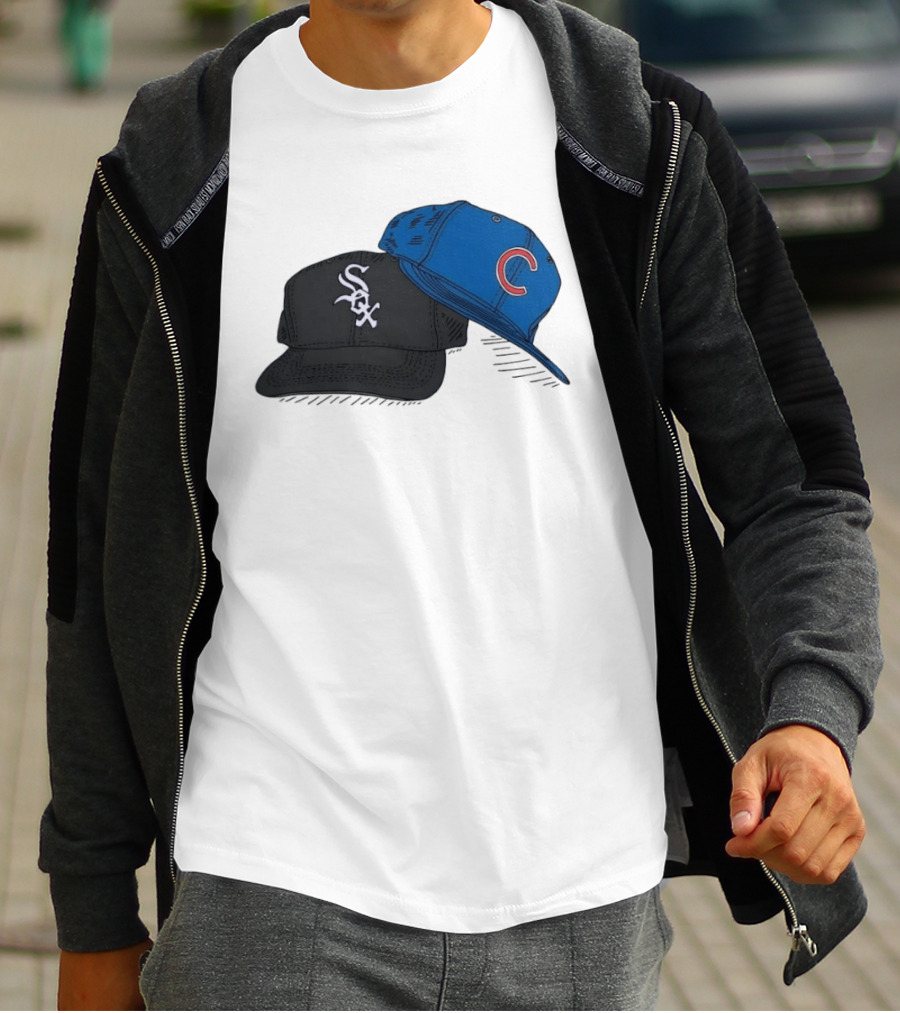 Chicago White Sox Black Hat And Chicago Cubs Blue Cap Baseball Fan Collection T-Shirt