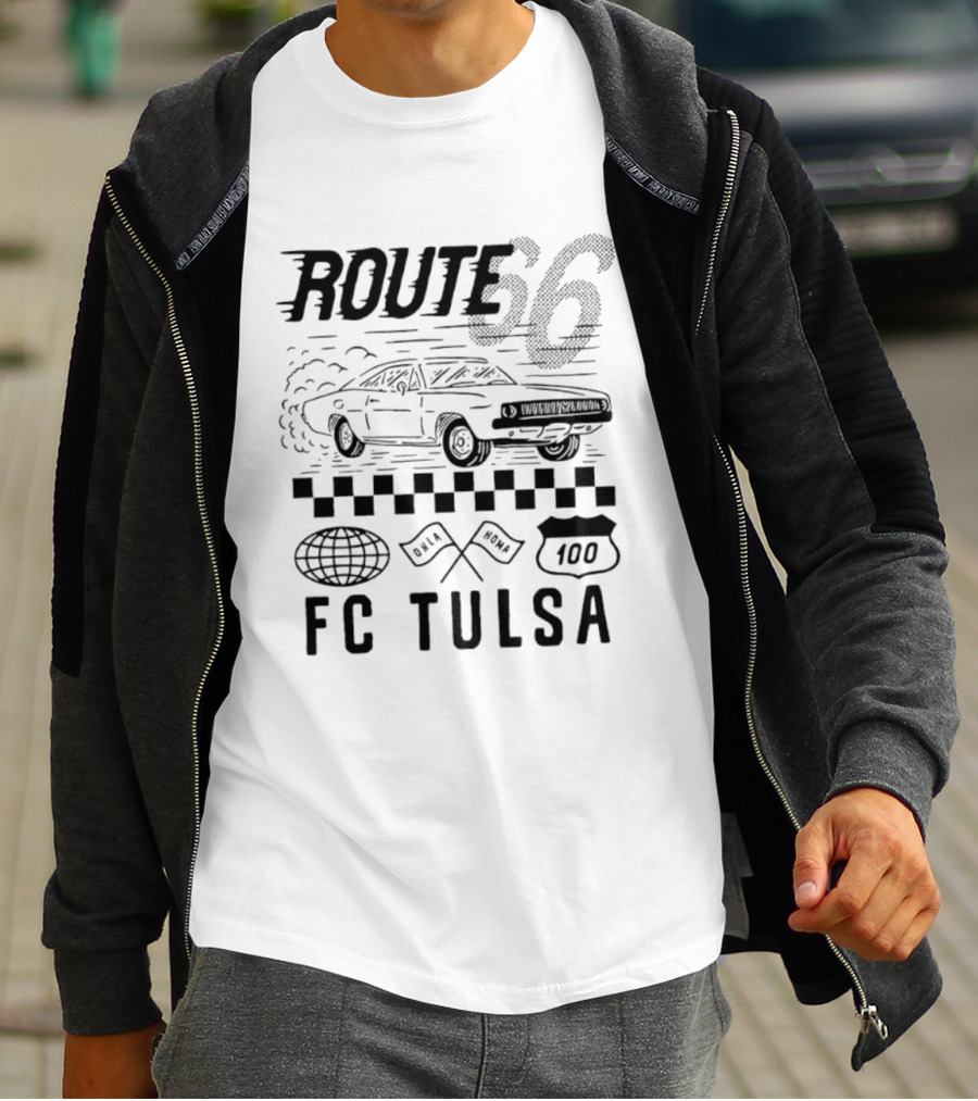 FC Tulsa Route 66 Oklahoma Soccer Car 100 Racing Flags T-Shirt