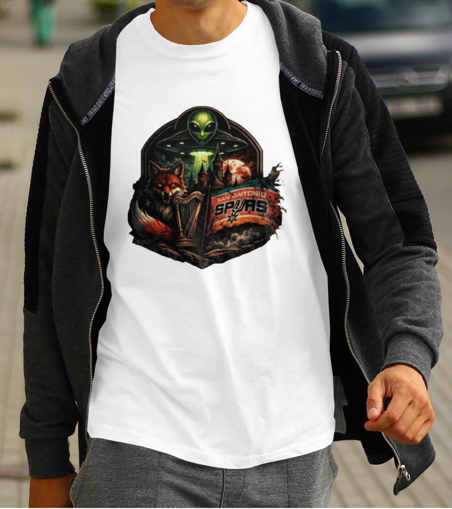 San Antonio Spurs UFO Alien Fox Harp Castle Moon Flag T-Shirt