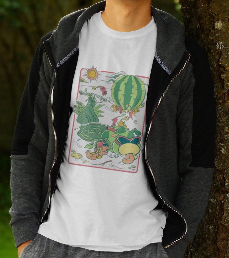 Pikmin Characters With Olimar Carrying Watermelon In Game Series T-Shirt