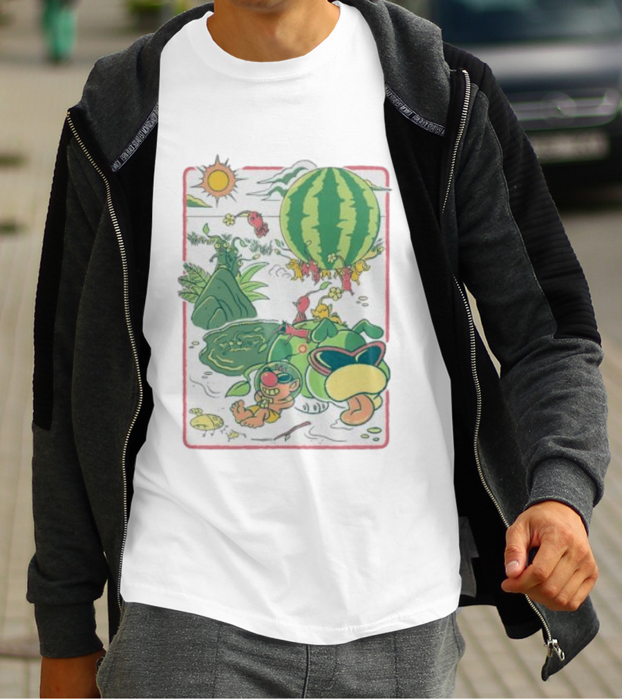 Pikmin Characters With Olimar Carrying Watermelon In Game Series T-Shirt