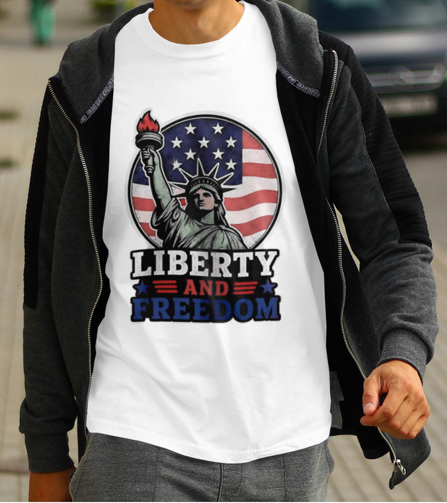 Liberty And Freedom Statue Of Liberty USA Flag Stars T-Shirt