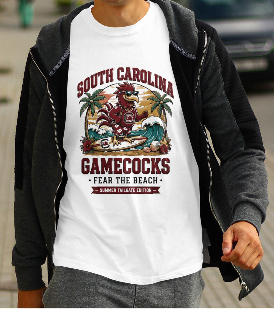 South Carolina Gamecocks Fear The Beach Summer Tailgate Edition Surfing Chicken Palm Trees Wave T-Shirt