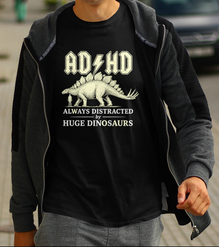 ADHD Always Distracted By Huge Dinosaurs Stegosaurus Lightning Bolt T-Shirt