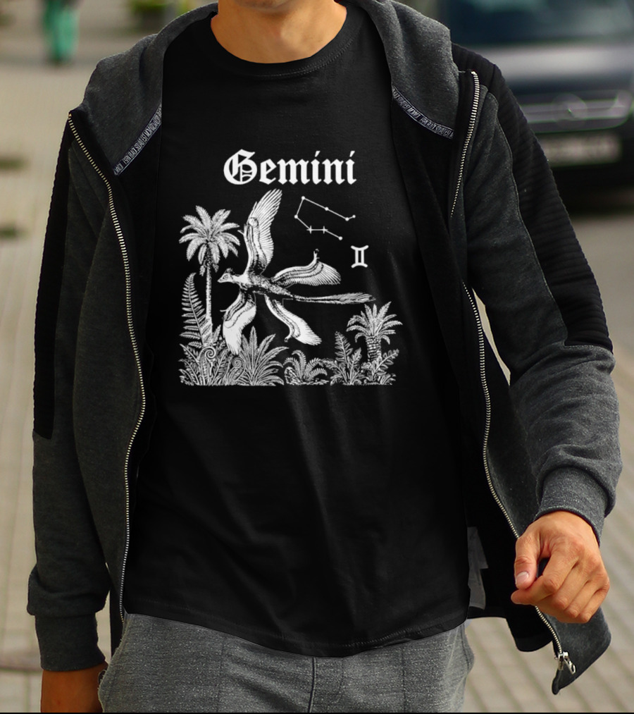 Gemini Feathered Dinosaur Constellation Tropical Scene T-Shirt
