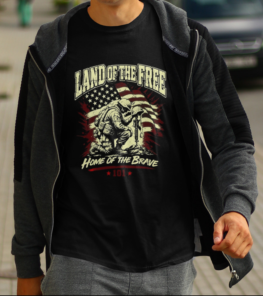Land Of The Free Home Of The Brave Soldier 101 Patriotic American Flag T-Shirt