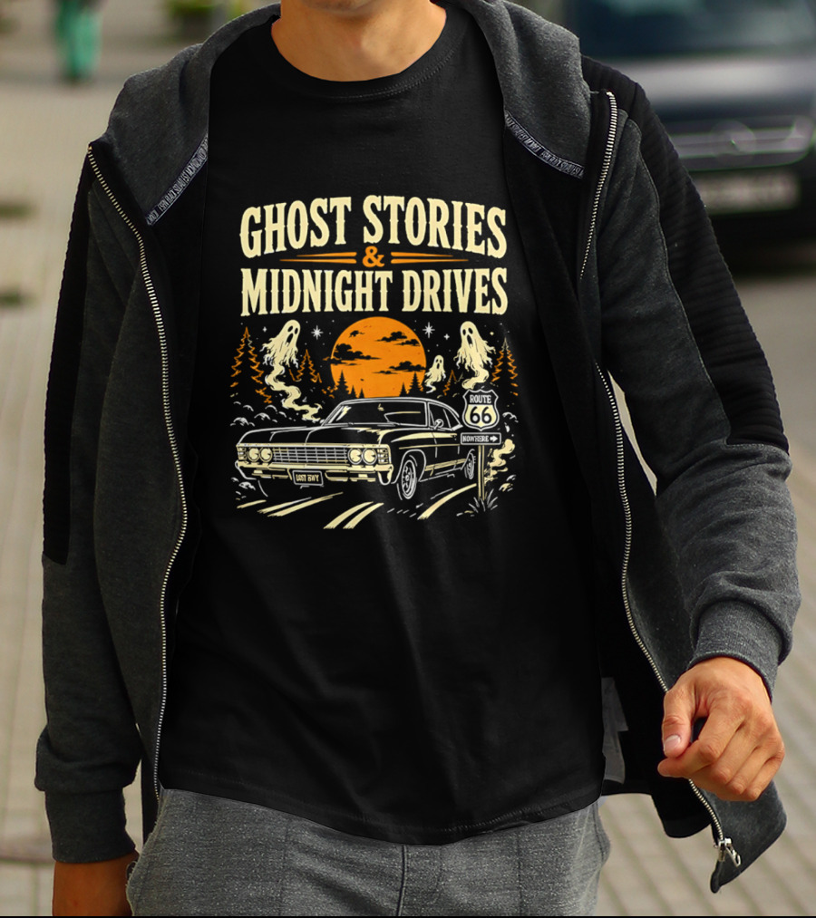 Ghost Stories Midnight Drives Route 66 Vintage Car Halloween Scene T-Shirt
