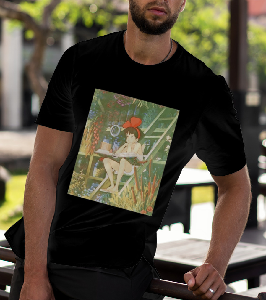 Kiki's Delivery Service Magic Book Cat And Botanical Greenhouse Scene T-Shirt