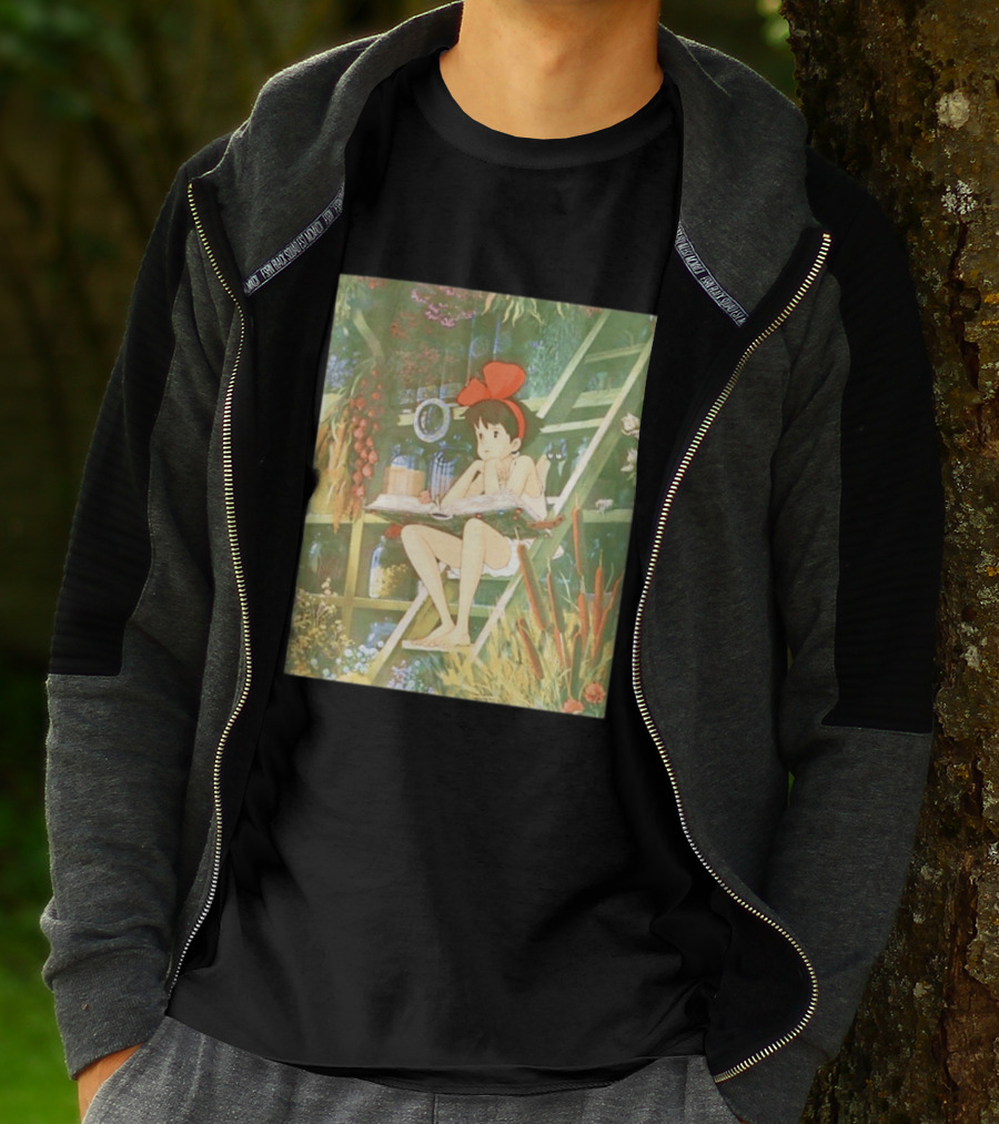 Kiki's Delivery Service Magic Book Cat And Botanical Greenhouse Scene T-Shirt