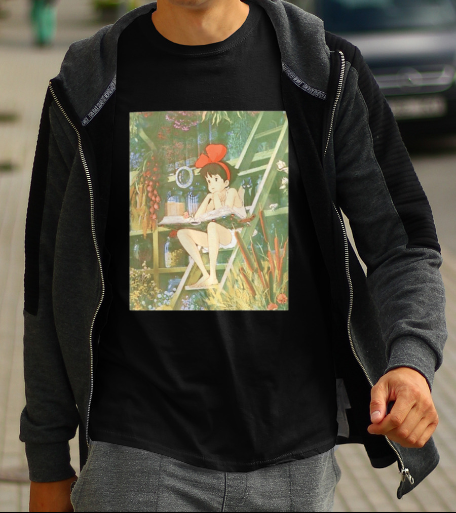 Kiki's Delivery Service Magic Book Cat And Botanical Greenhouse Scene T-Shirt