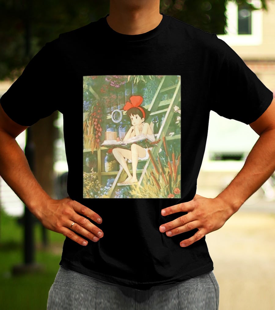 Kiki's Delivery Service Magic Book Cat And Botanical Greenhouse Scene T-Shirt