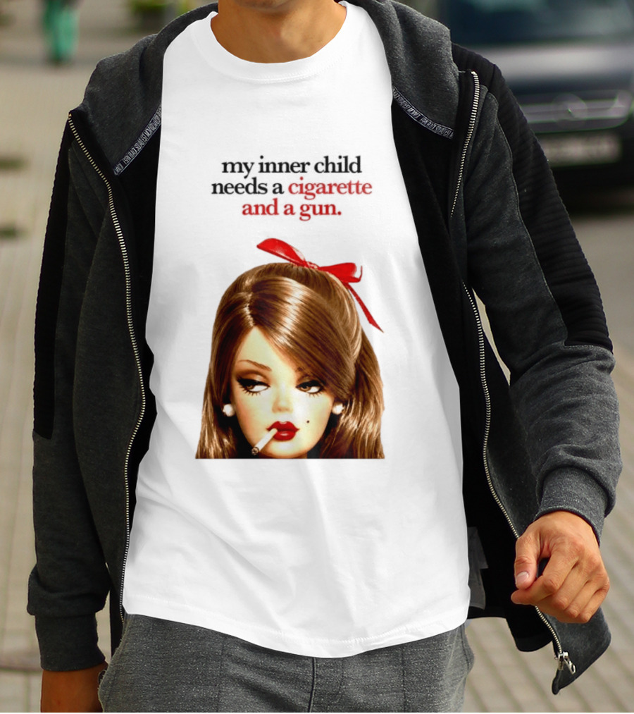My Inner Child Needs A Cigarette And A Gun Doll Face Red Bow T-Shirt