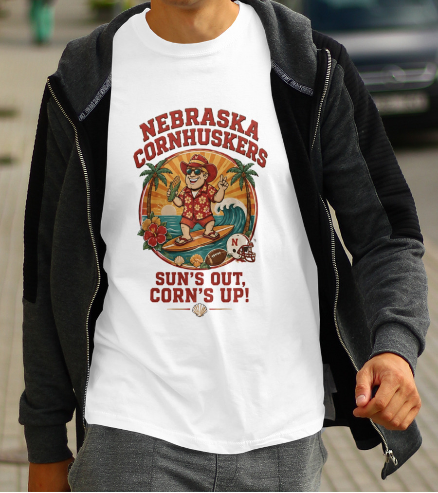 Nebraska Cornhuskers Sun's Out Corn's Up Tropical Surfing Football Fun T-Shirt