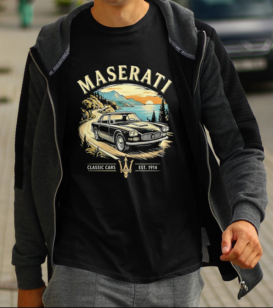 Maserati Classic Cars Est 1914 Vintage Sunset Road Scene T-Shirt