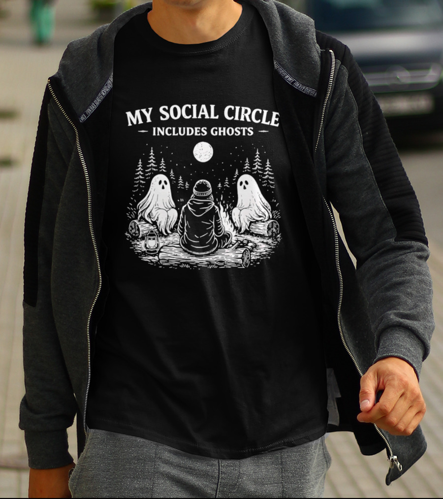 My Social Circle Includes Ghosts Forest Campfire Scene T-Shirt