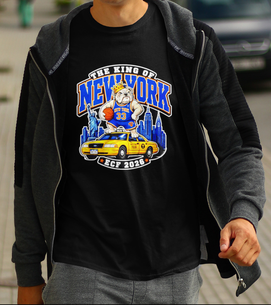 New York Knicks The King Of New York ECF 2026 Bulldog Statue Of Liberty Skyline Taxi T-Shirt