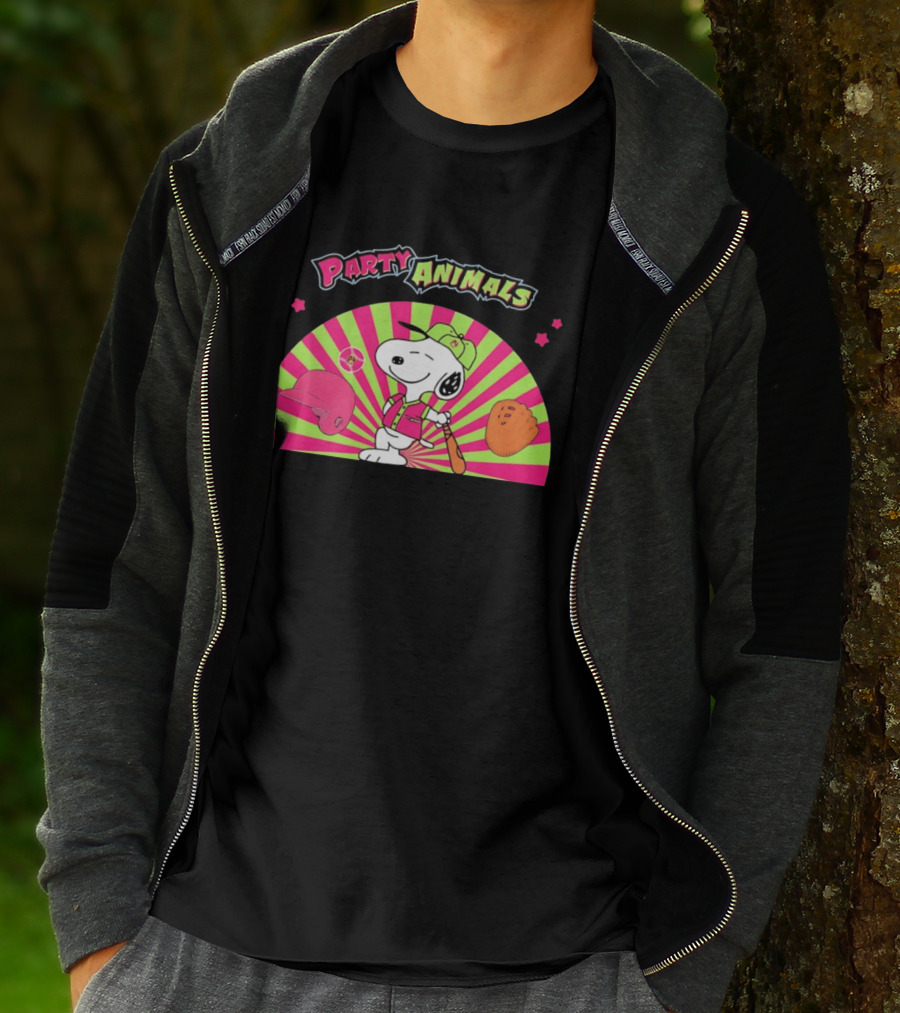 Snoopy Party Animals Baseball Glove Bat Cap Neon Stars T-Shirt