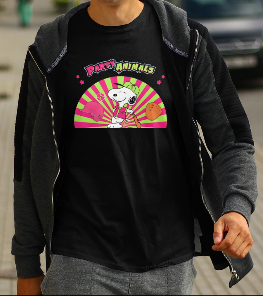 Snoopy Party Animals Baseball Glove Bat Cap Neon Stars T-Shirt