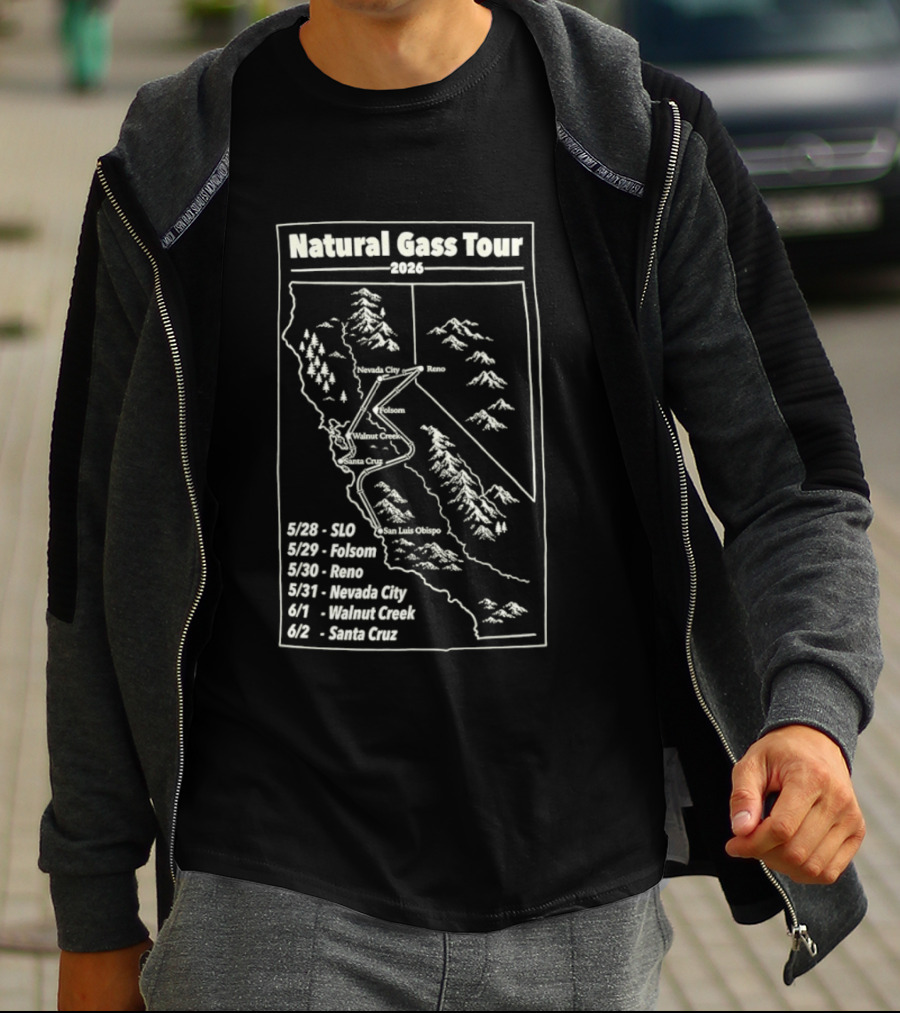 Natural Gass Tour 2026 Route Map SLO Folsom Reno Nevada City Walnut Creek Santa Cruz T-Shirt
