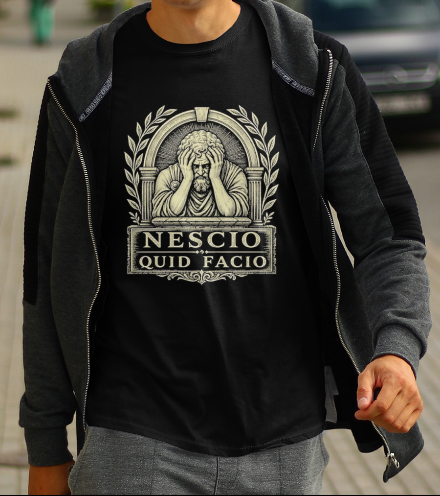 Nescio Quid Facio Distressed Emblem Design With Wreath And Contemplative Figure T-Shirt