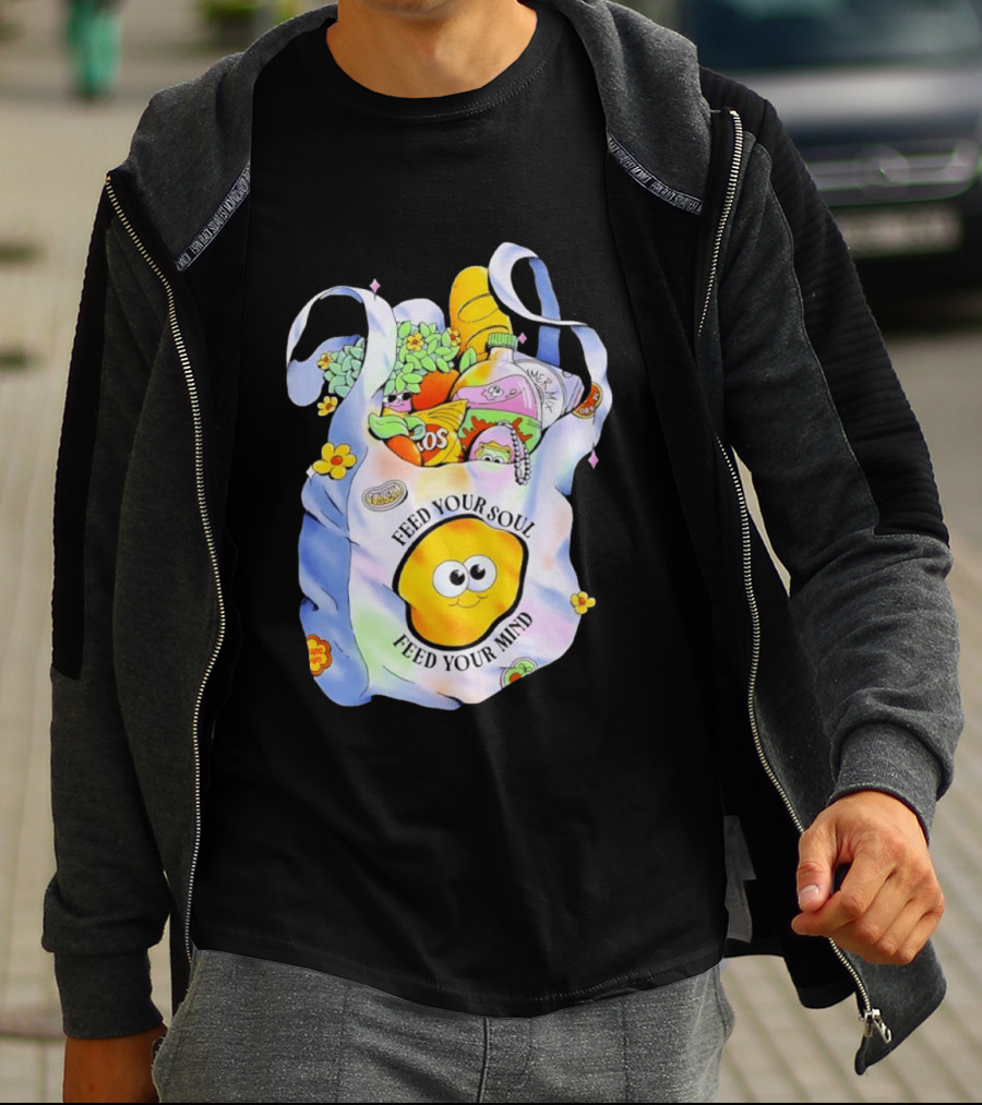 Feed Your Soul Feed Your Mind Bag With Groceries And Cartoon Face T-Shirt