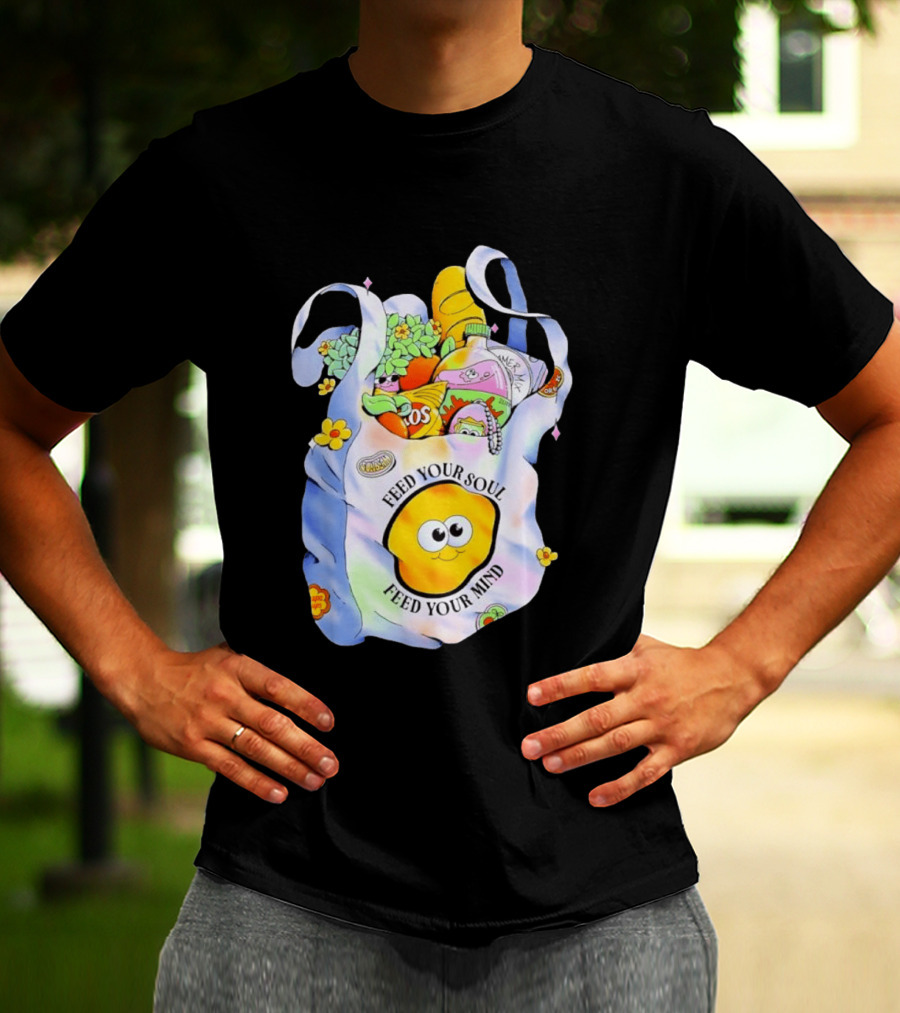 Feed Your Soul Feed Your Mind Bag With Groceries And Cartoon Face T-Shirt