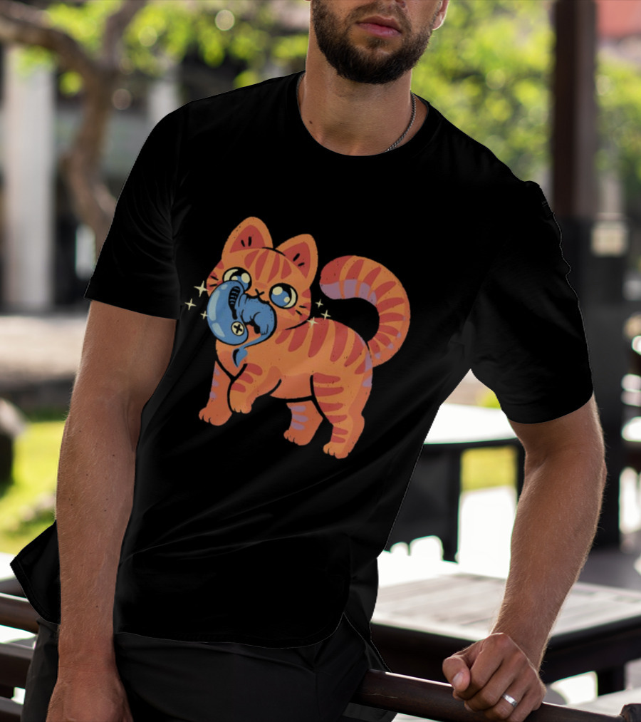 Orange Tabby Cat With Sparkles And Blue Alien Creature T-Shirt