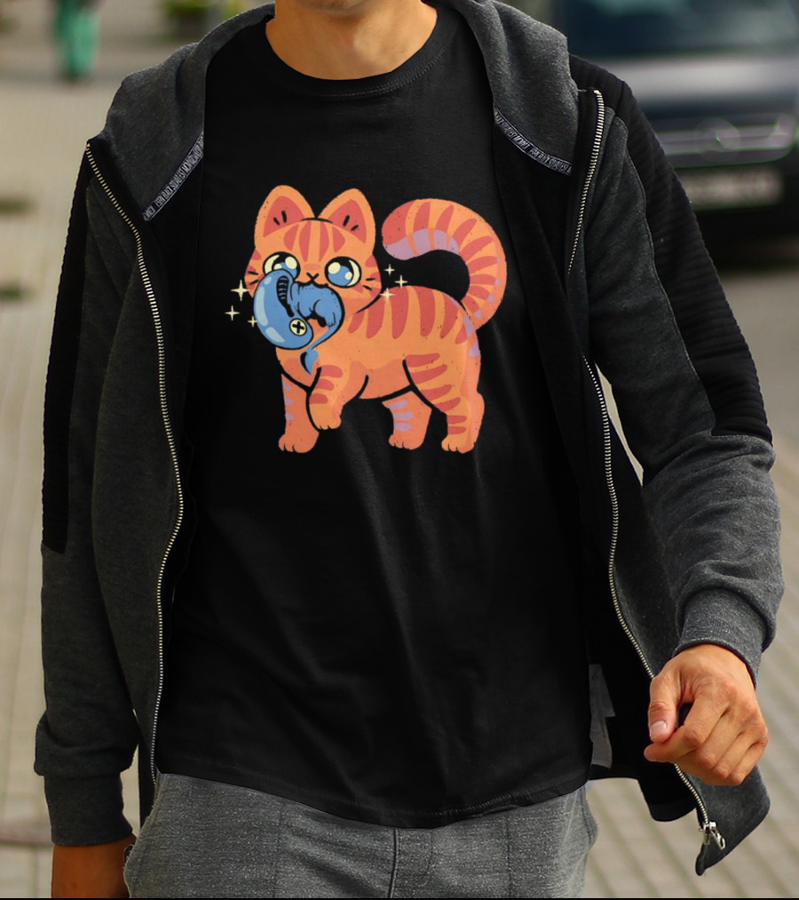 Orange Tabby Cat With Sparkles And Blue Alien Creature T-Shirt
