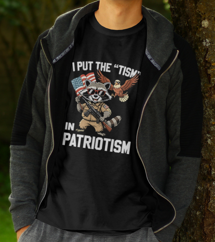 I Put The Tism In Patriotism Raccoon Bald Eagle American Flag Sunglasses T-Shirt
