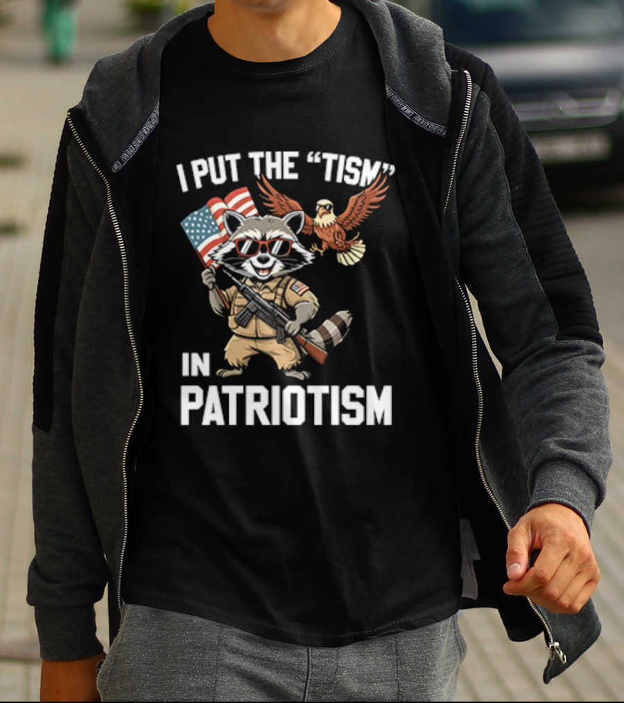 I Put The Tism In Patriotism Raccoon Bald Eagle American Flag Sunglasses T-Shirt