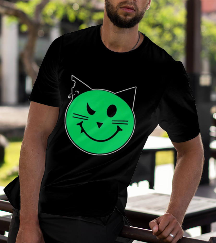 Taliesin Wearing MeowMeowz Smiling Cat Face With Green Circle Black Ears Whiskers T-Shirt
