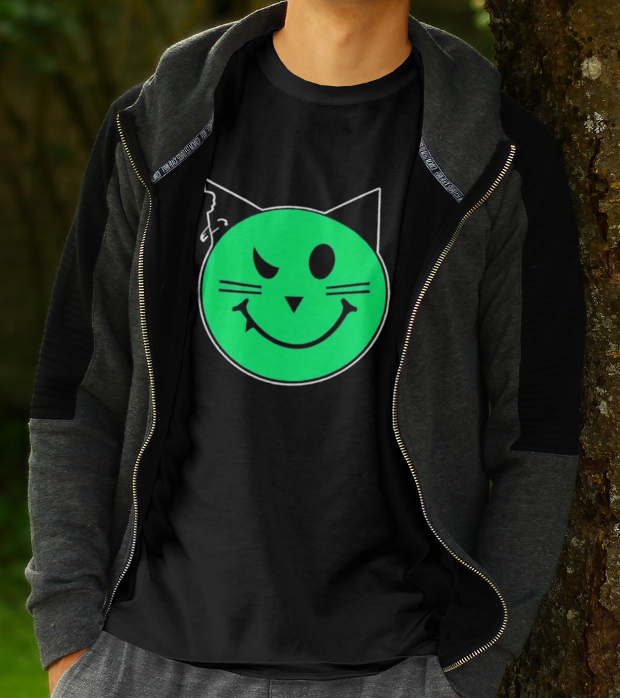 Taliesin Wearing MeowMeowz Smiling Cat Face With Green Circle Black Ears Whiskers T-Shirt