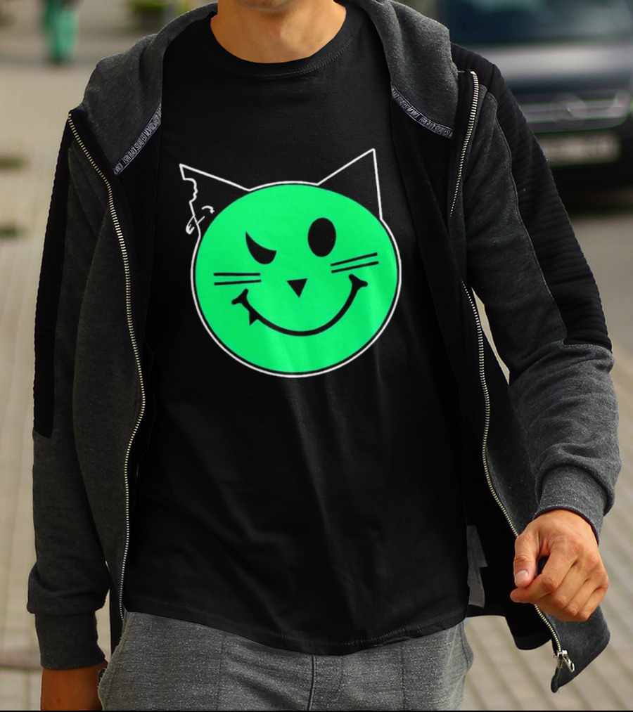 Taliesin Wearing MeowMeowz Smiling Cat Face With Green Circle Black Ears Whiskers T-Shirt
