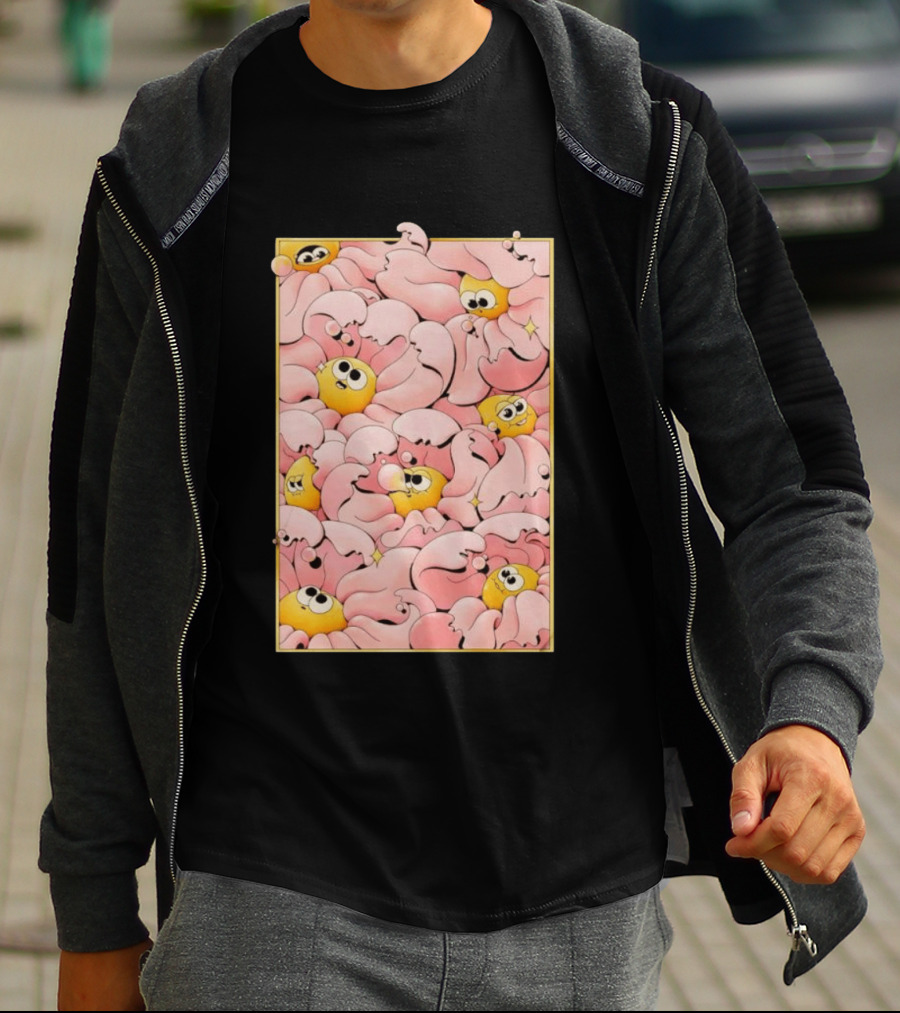 Many Yellow Round Characters With Large Eyes In Pink Flowing Cascades T-Shirt