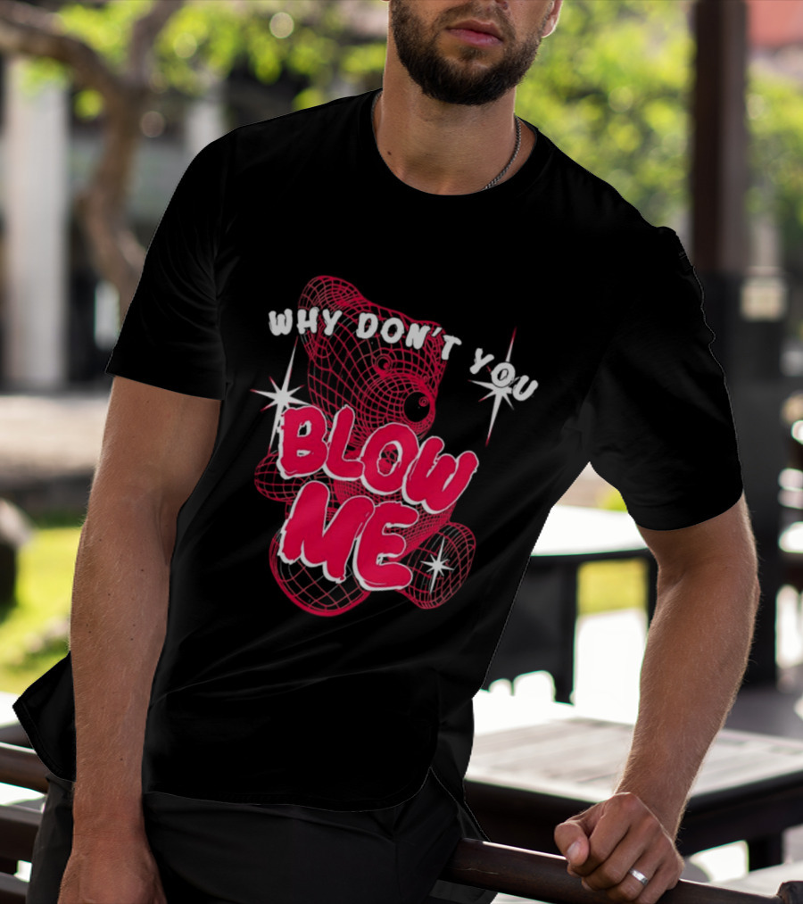 Why Don't You Blow Me Pink Wireframe Teddy Bear Bold Red Text Sparkling Star Accents T-Shirt