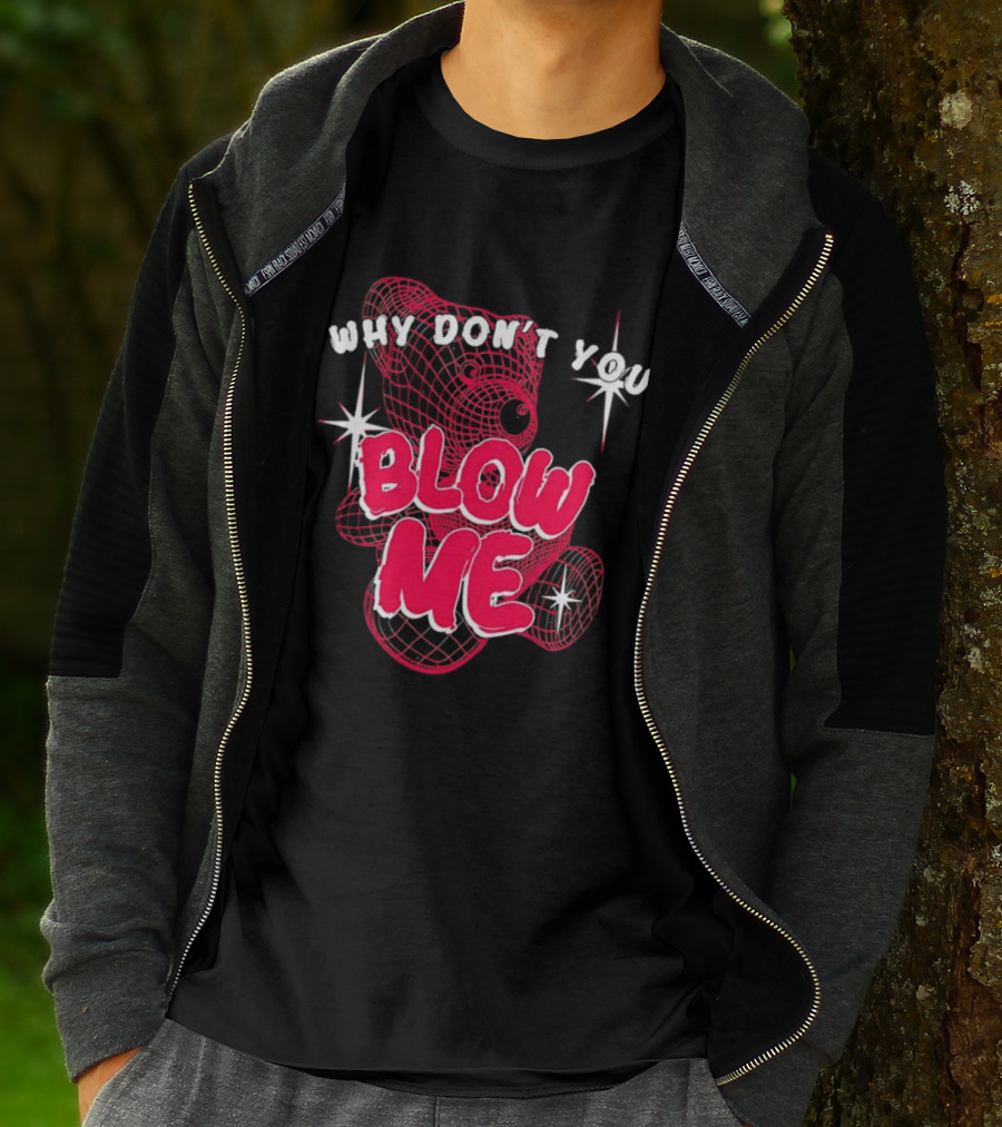 Why Don't You Blow Me Pink Wireframe Teddy Bear Bold Red Text Sparkling Star Accents T-Shirt