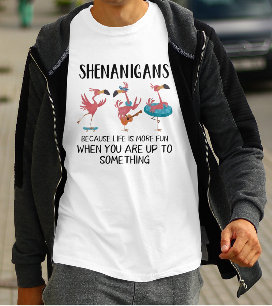 Shenanigans Flamingos Skateboarding Guitar Playing Pool Fun T-Shirt
