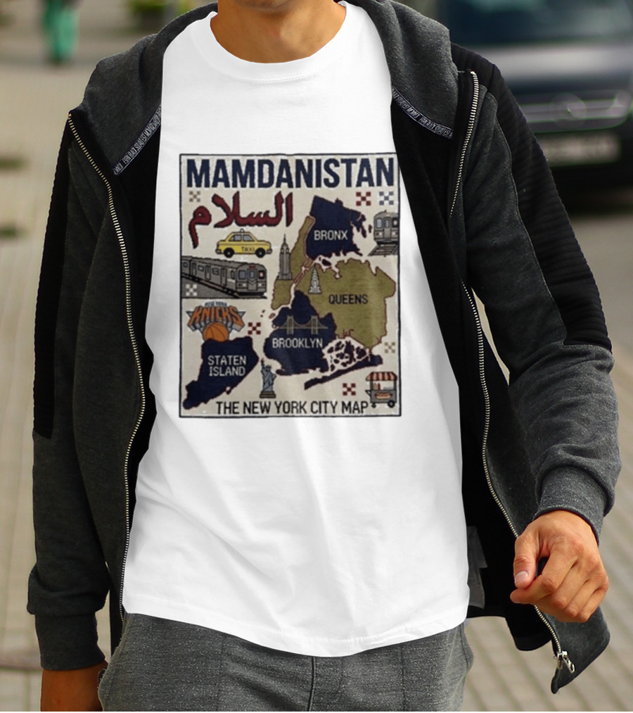 Mamdanistan Peace NYC Map Featuring Knicks Bronx Brooklyn Queens Staten Island Taxi Subway T-Shirt