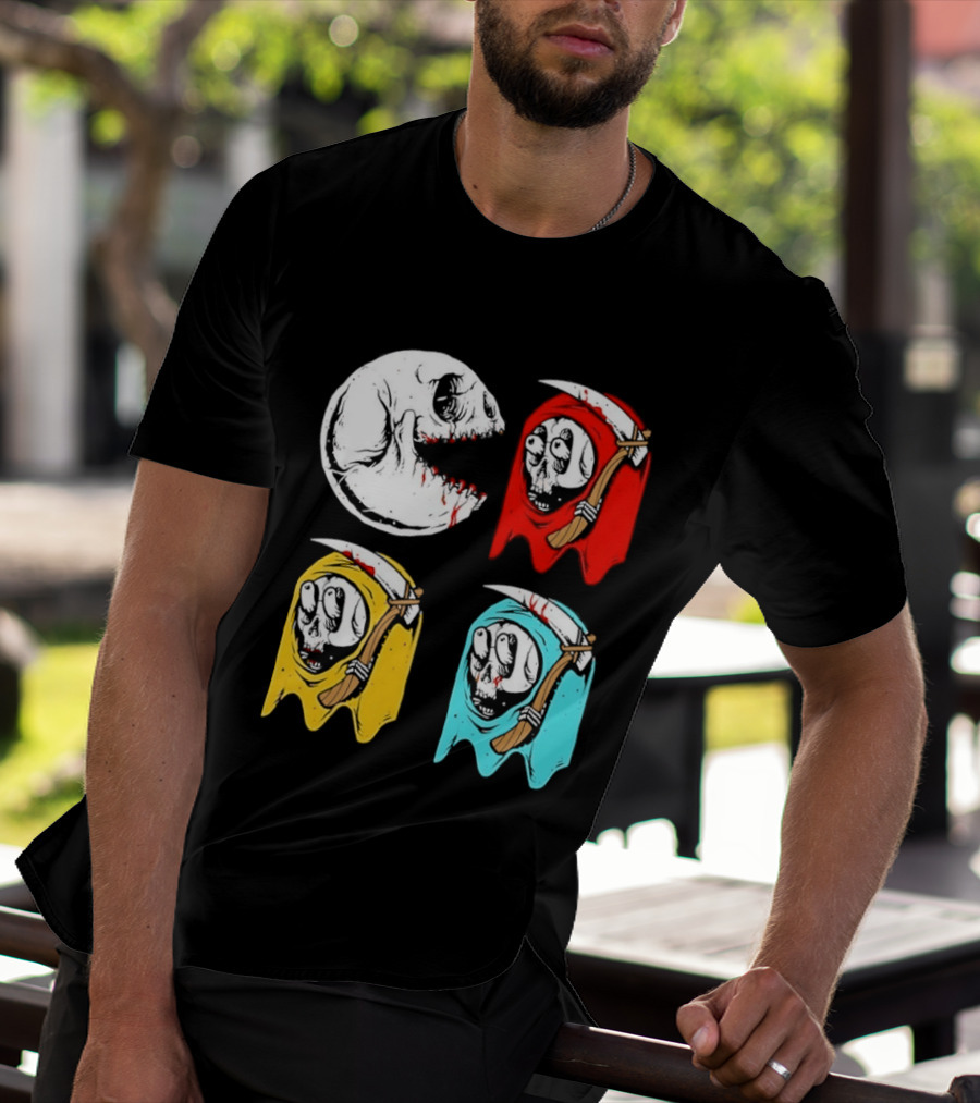 Pac Man Skeleton Skull Ghost Grim Reaper Red Yellow Blue T-Shirt